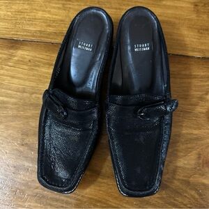 90s Stuart Weitzman black leather buckle square toe academia slip on mules 7 B